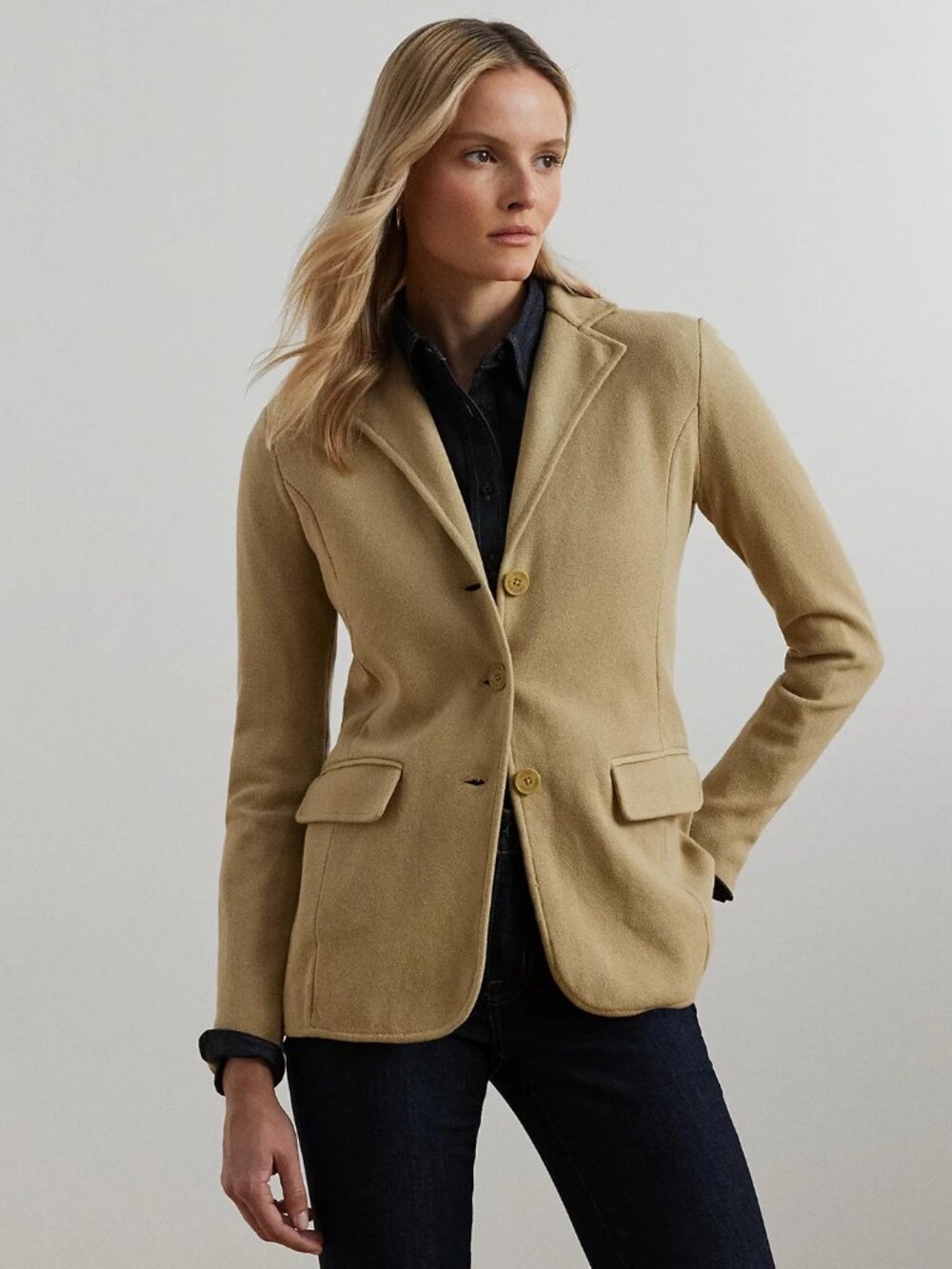 Lauren Ralph Lauren Women’s Cotton-Blend Sweater-Knit Blazer Tan, Size Small